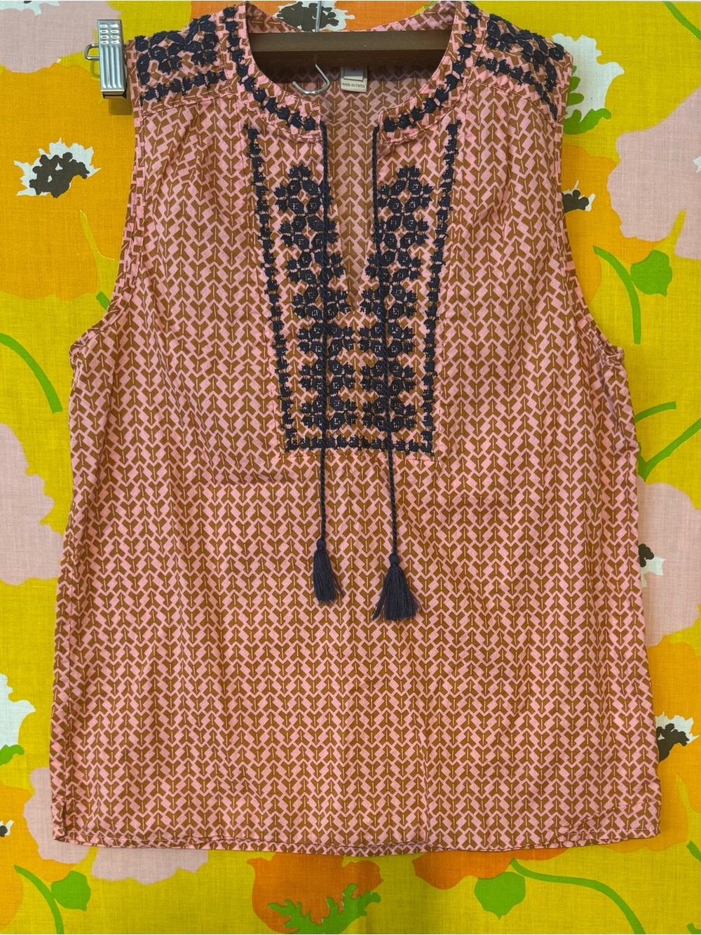 J. Crew Pink Sleeveless Embroidered Tassel Tank